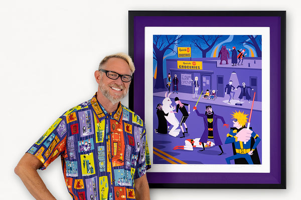 ”Jay & Silent Bob vs Time & Space” Fine Art Print with Shag (Josh Agle) | Framed in Purple | The Shag Store