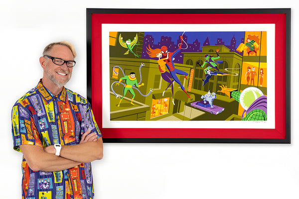 "Life's a Great Big Bang Up" Fine Art Print with Shag (Josh Agle) | Marvel's Spider-Man | Framed in Red | The Shag Store