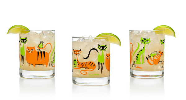 “Kitty Cocktail Party” Old Fashioned Glass Set | Lime Green & Orange Design | Shag (Josh Agle) | The Shag Store (2)
