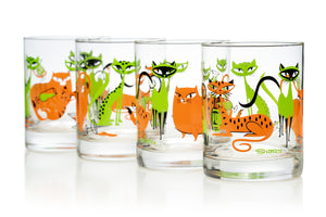 “Kitty Cocktail Party” Old Fashioned Glass Set | Lime Green & Orange Design | Shag (Josh Agle) | The Shag Store