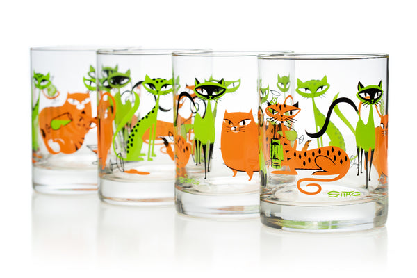 “Kitty Cocktail Party” Old Fashioned Glass Set | Lime Green & Orange Design