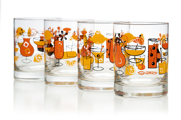 "Cocktails" Old Fashioned Glass Set | Orange Design | Shag (Josh Agle) | The Shag Store