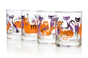 “Kitty Cocktail Party” Old Fashioned Glass Set | Purple & Orange Design | Shag (Josh Agle) | The Shag Store