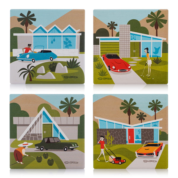 "Palm Springs" Earthenware Coaster Set | "Mid-Century Homes" Edition