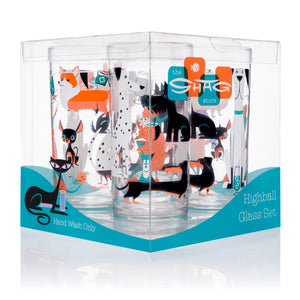 "Cocktail Dogs" Highball Glass Set | Turquoise & Orange