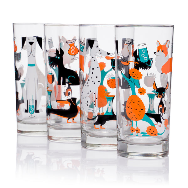 "Cocktail Dogs" Highball Glass Set | Turquoise & Orange Design