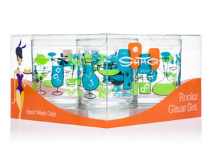 "Cocktails" Old Fashioned Glass Set | Turquoise & Green Design | Shag (Josh Agle) | The Shag Store (Package)