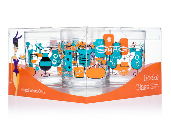 "Cocktails" Old Fashioned Glass Set | Turquoise & Orange Design | Shag (Josh Agle) | Package | The Shag Store