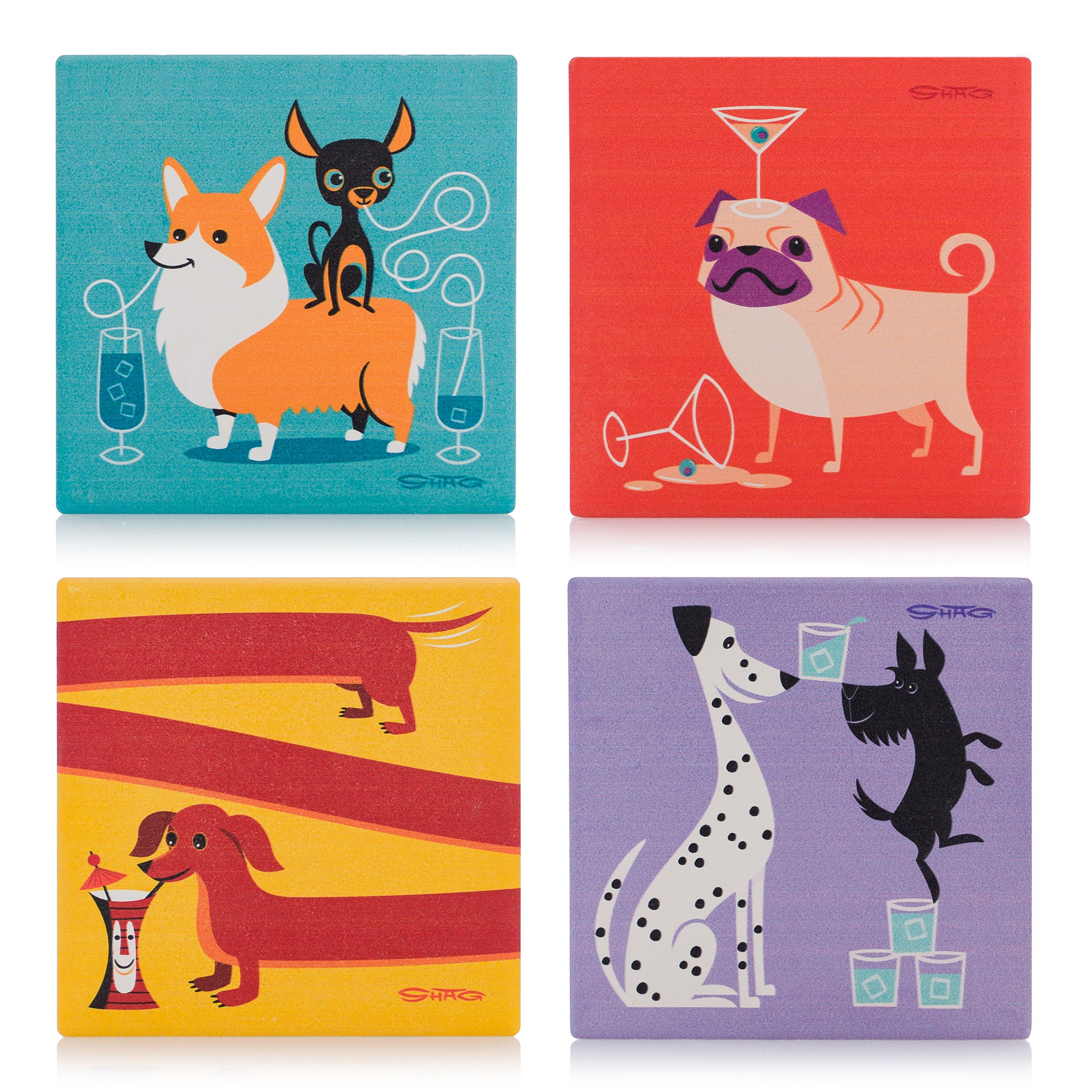 "Cocktail Dogs" Earthenware Coaster Set