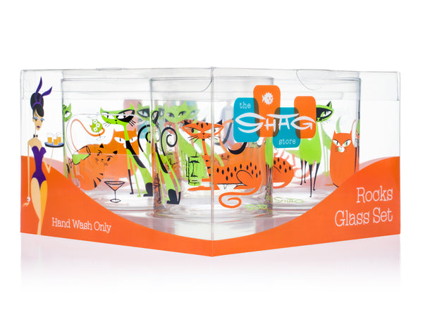 “Kitty Cocktail Party” Old Fashioned Glass Set | Lime Green & Orange Design | Shag (Josh Agle) | Package | The Shag Store