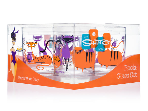 “Kitty Cocktail Party” Old Fashioned Glass Set | Purple & Orange Design | Shag (Josh Agle) | Package | The Shag Store