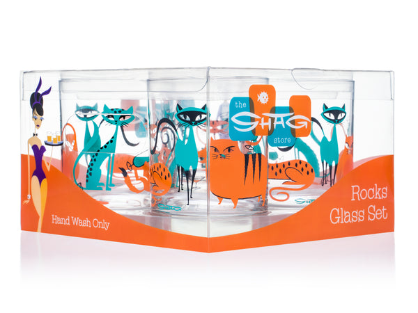 “Kitty Cocktail Party” Old Fashioned Glass Set | Turquoise & Orange Design | Shag (Josh Agle) | Package | The Shag Store