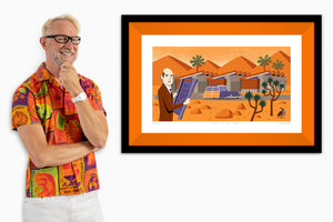 "Stick to the Plan" Framed Fine Art Print with Shag (Josh Agle) | John Lautner's "Lautner Compound" | Orange Liner | The Shag Store