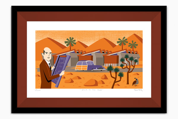 "Stick to the Plan" Framed Fine Art Print | Shag (Josh Agle) | John Lautner's "Lautner Compound" | Cinnamon Liner | The Shag Store