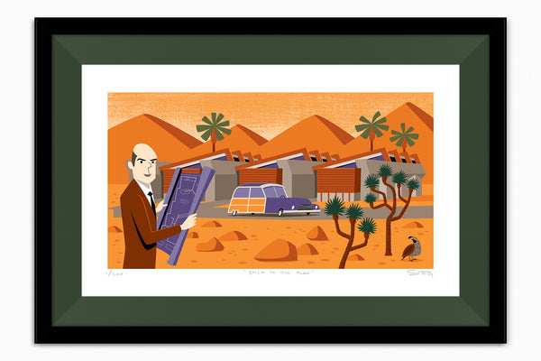 "Stick to the Plan" Framed Fine Art Print | Shag (Josh Agle) | John Lautner's "Lautner Compound" | Hunter Green Liner | The Shag Store