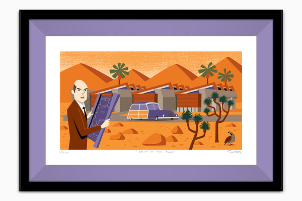 "Stick to the Plan" Framed Fine Art Print | Shag (Josh Agle) | John Lautner's "Lautner Compound" | Iris Liner | The Shag Store