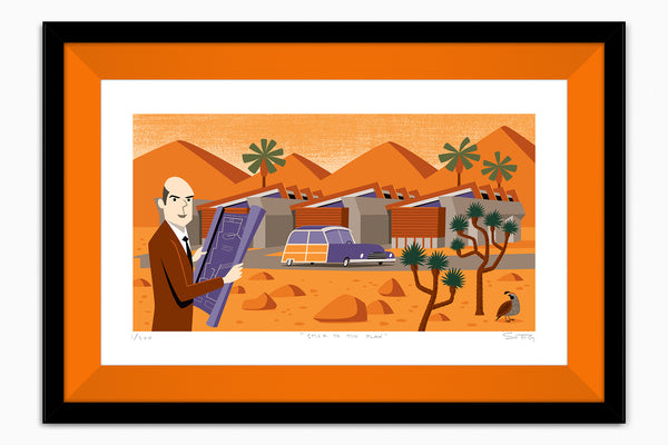 "Stick to the Plan" Framed Fine Art Print | Shag (Josh Agle) | John Lautner's "Lautner Compound" | Orange Liner | The Shag Store