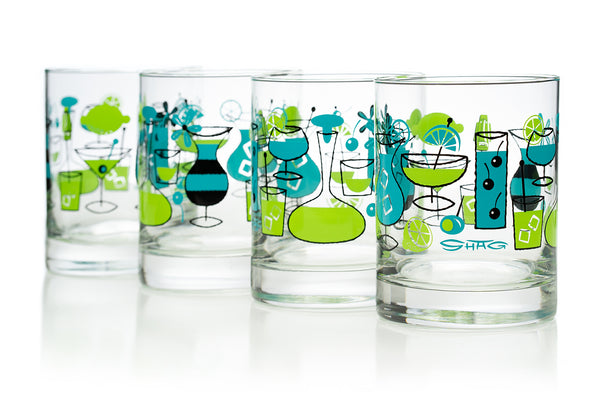 "Cocktails" Old Fashioned Glass Set | Turquoise & Green Design | Shag (Josh Agle) | The Shag Store