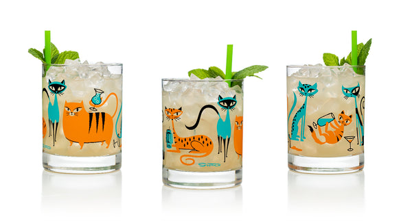 “Kitty Cocktail Party” Old Fashioned Glass Set | Turquoise & Orange Design | Shag (Josh Agle) | The Shag Store (2)