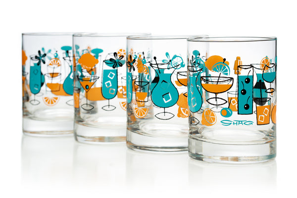 "Cocktails" Old Fashioned Glass Set | Turquoise & Orange Design | Shag (Josh Agle) | The Shag Store